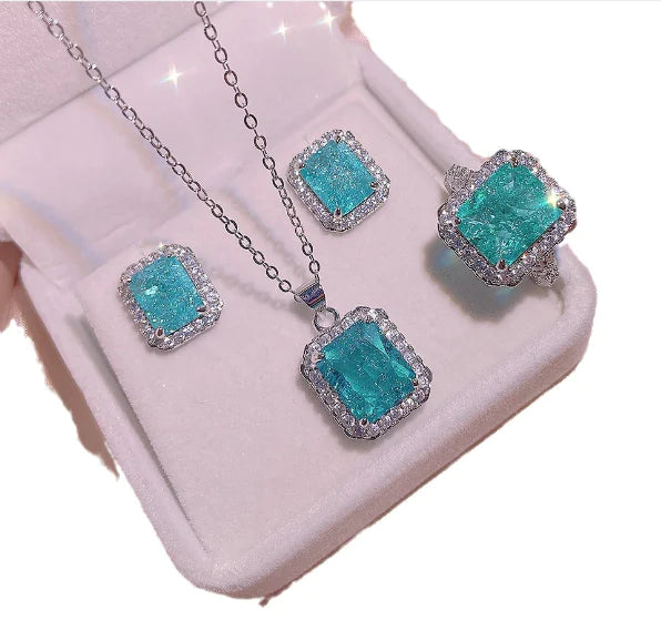 Paraiba Simulation Rings and Ear Studs Necklace Set
