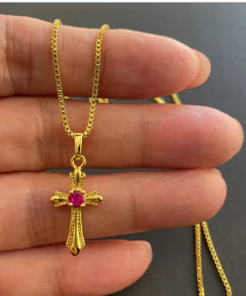 18K Gold Cross Necklace with Pink Rhinestone (One)