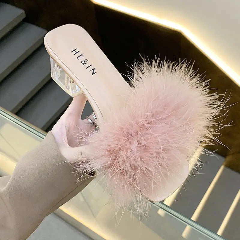 Furry Cool Thick Heel Half Drag Sandals