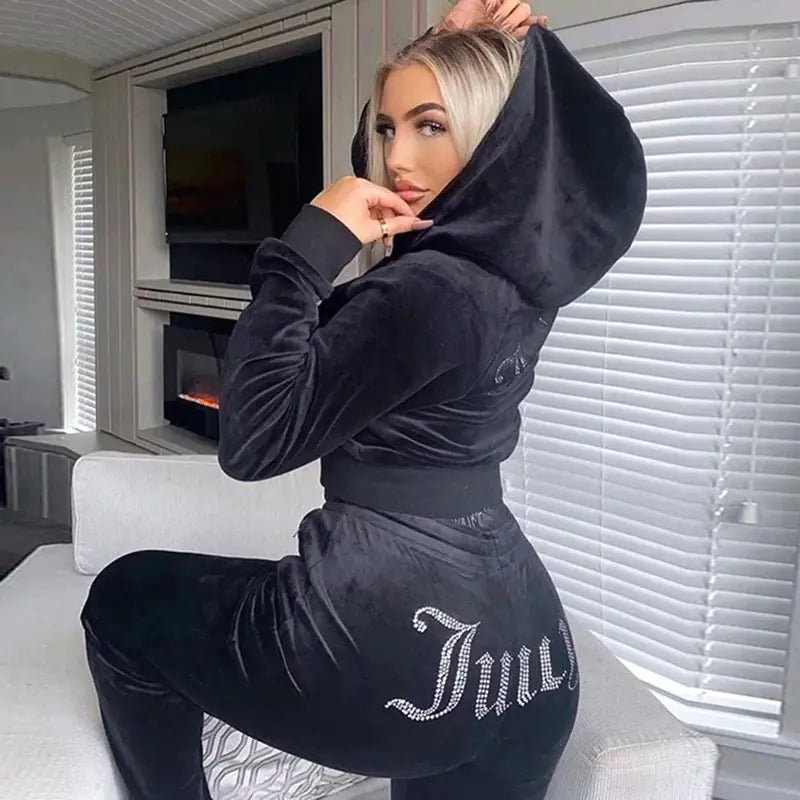 Fashion Rhinestone Velour Tracksuit