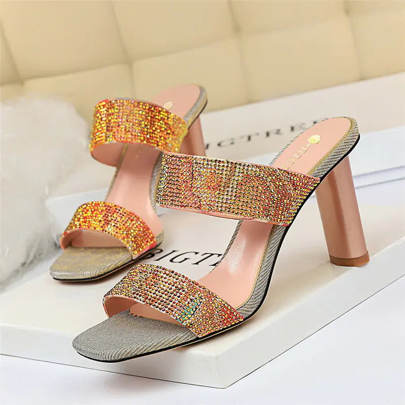 Trendy High Heel Rhinestone Slides