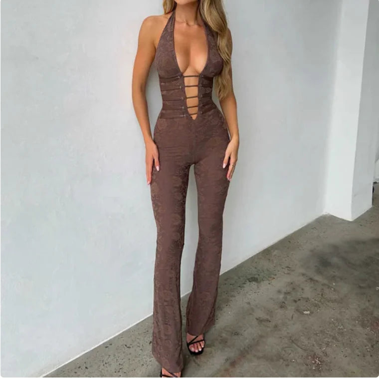 See-Through Lace-Up Slim Fit Jumpsuit