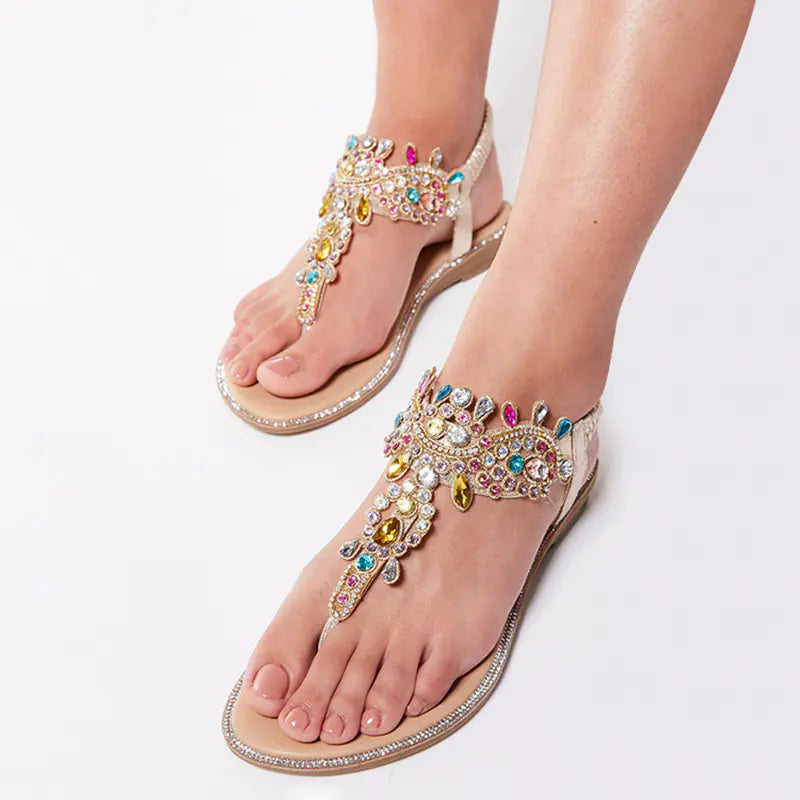 Colorful Rhinestone Flat Sandals with Round Toe