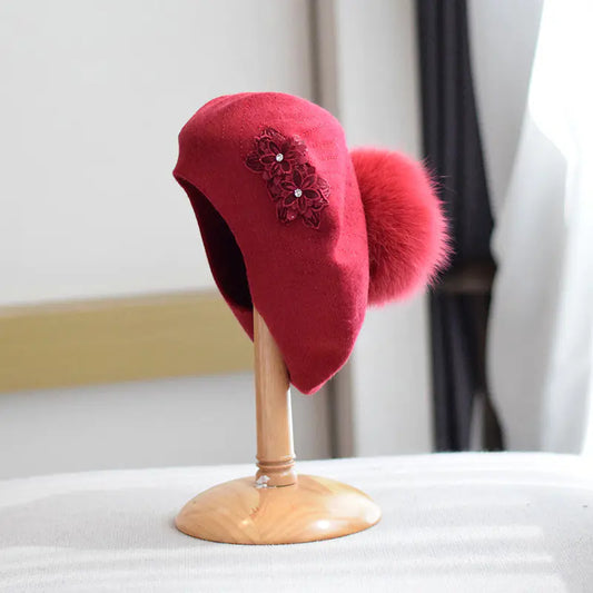 Double-Layer Rhinestone Flower Knitted Beret for Women
