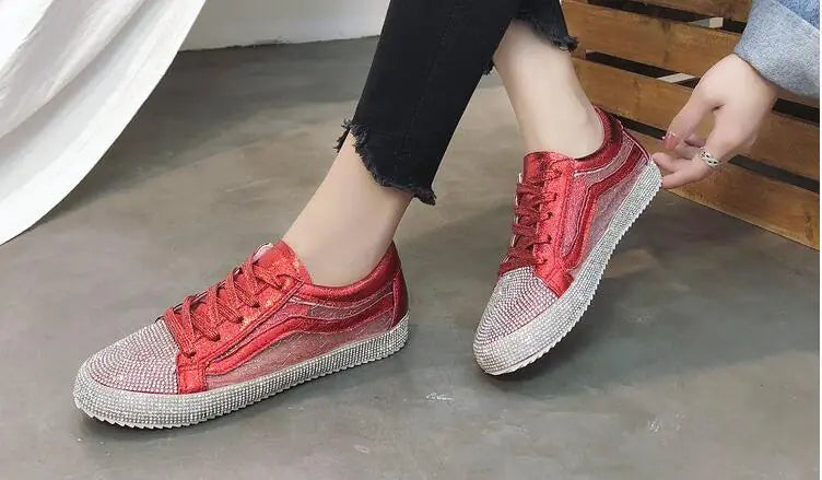 Women's Sequin Rhinestone Flat Sneakers in Red