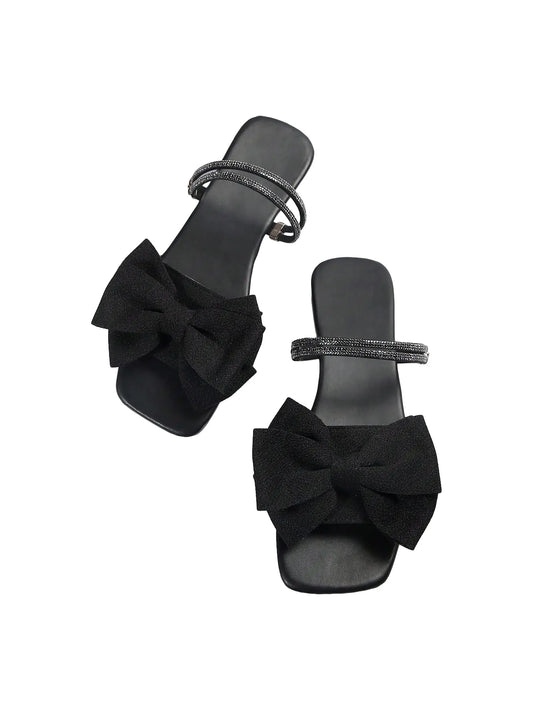 Womens Bow Flat Sandals Dressy Rhinestone Slides Comfort Sandals Cute Slip On Shoes Black 8