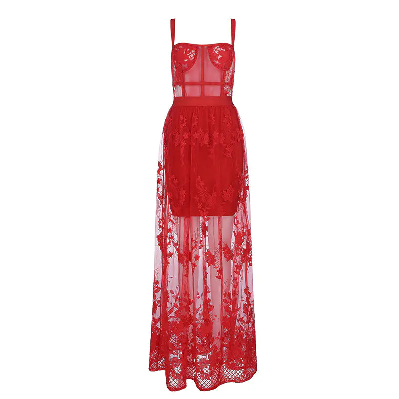 Lace-Trimmed Mesh Maxi Dress with Spaghetti Straps