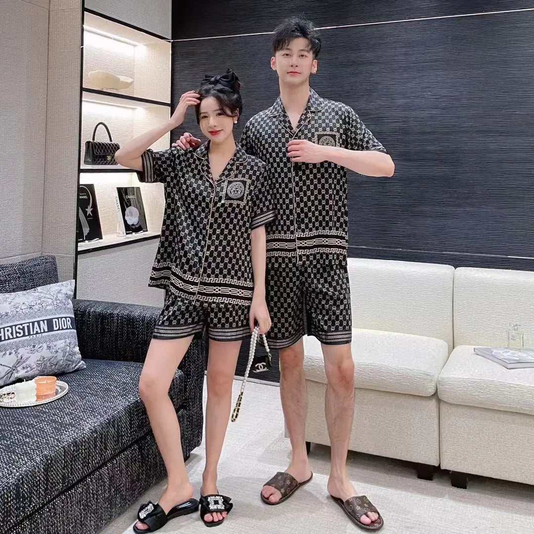 Summer Ice Silk Couple Pajamas Set - Short Sleeve & Shorts