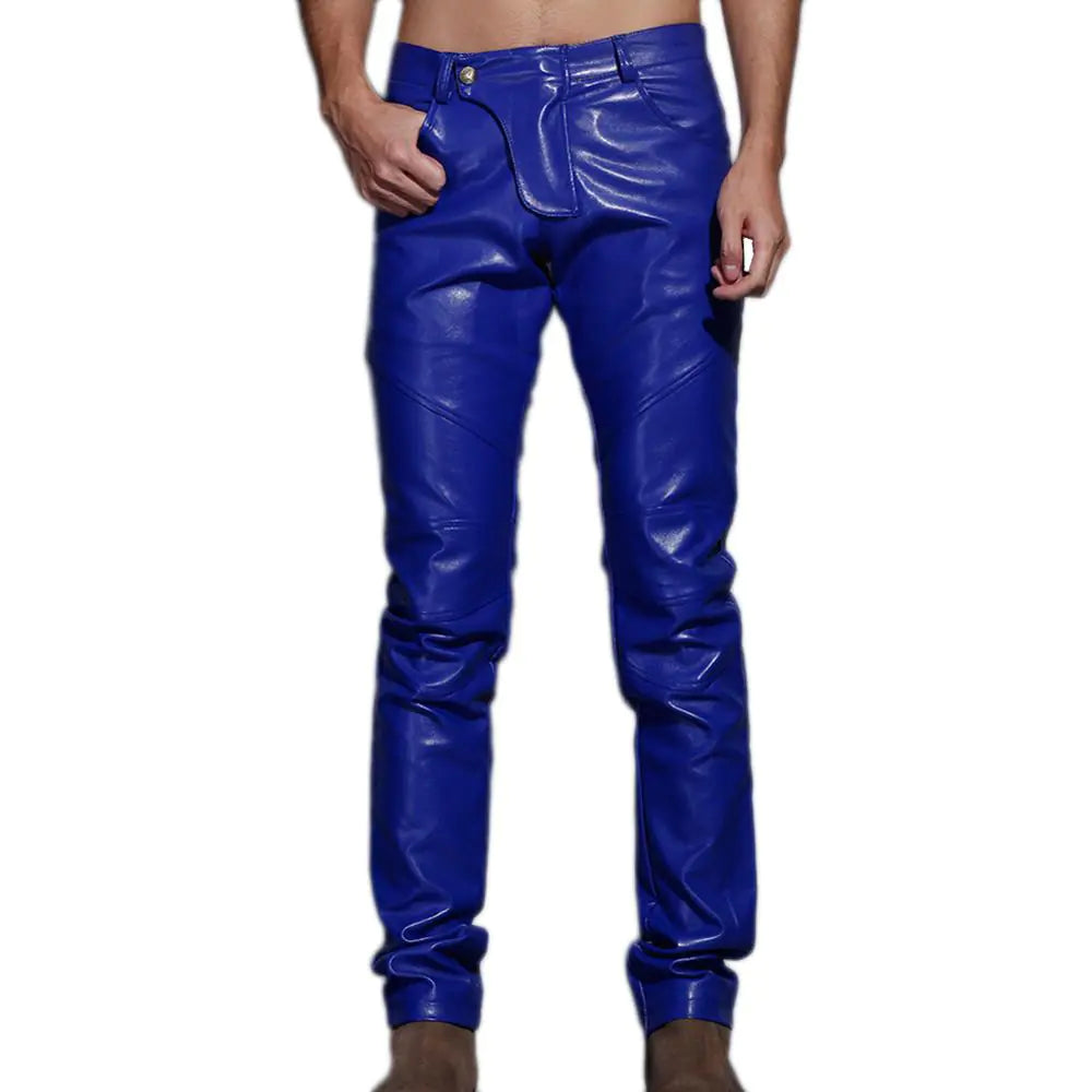 Men's Slim-Fit Spliced Leather Pants