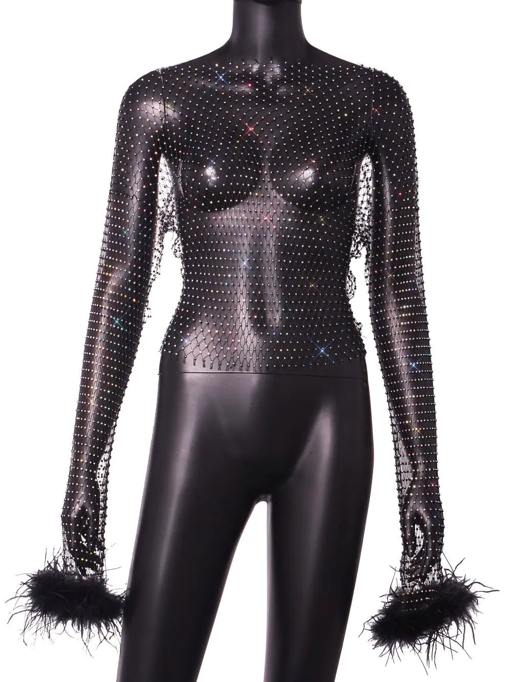 Rhinestone Mesh Hollow Out Long Sleeve Women's Top