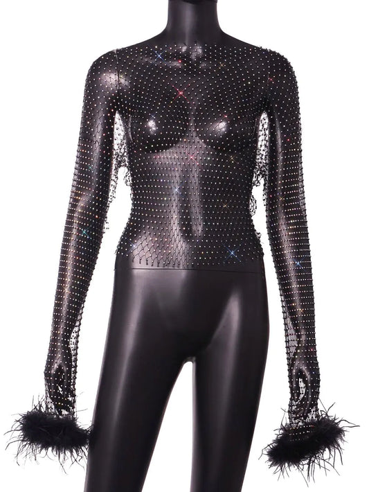 Rhinestone Mesh Hollow Out Long Sleeve Women's Top