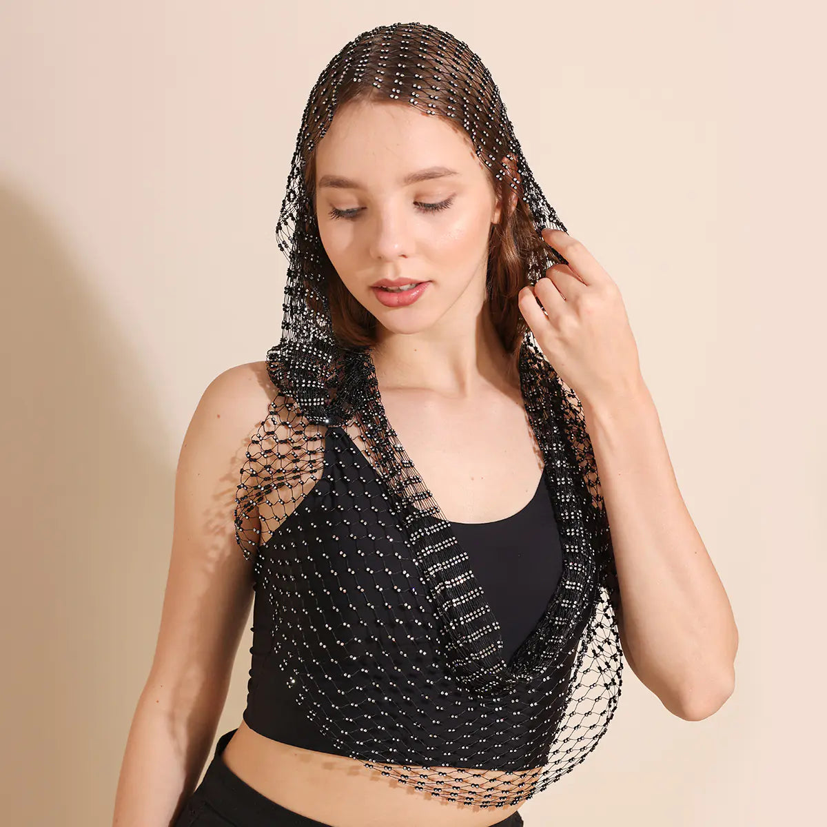 Fashionable Rhinestone Mesh Hat with Long Scarf
