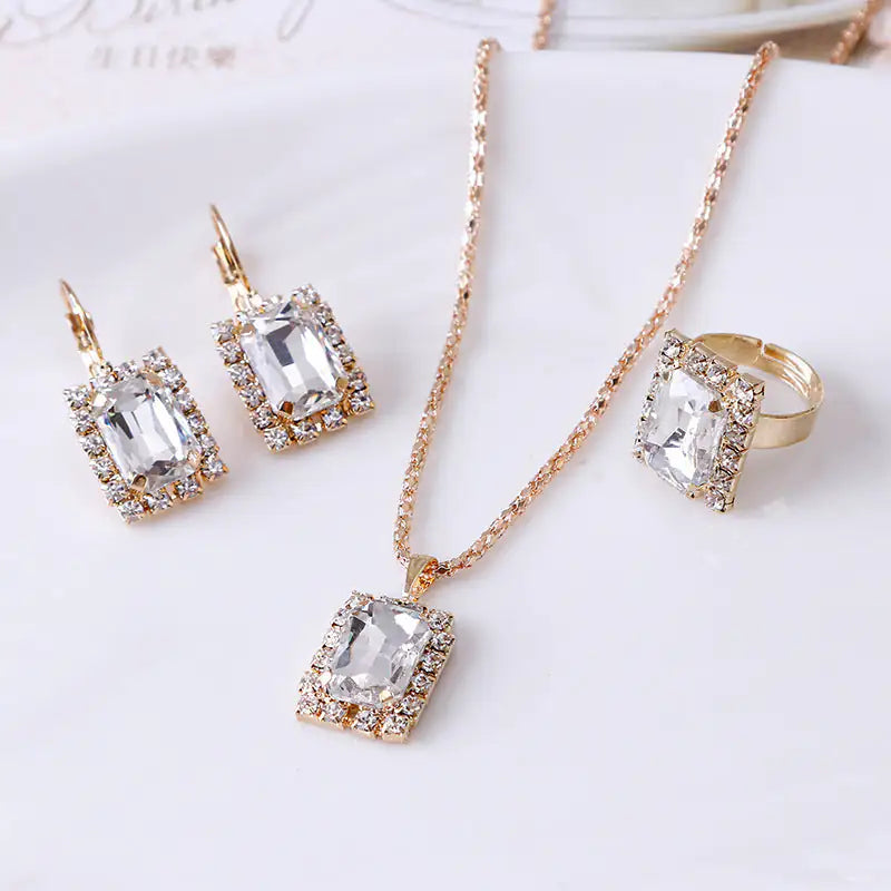 The Crystal Set Necklace Earring Ring Three-piece Set - Comfort Gift Box