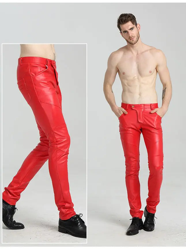 Men's Slim-Fit Spliced Leather Pants