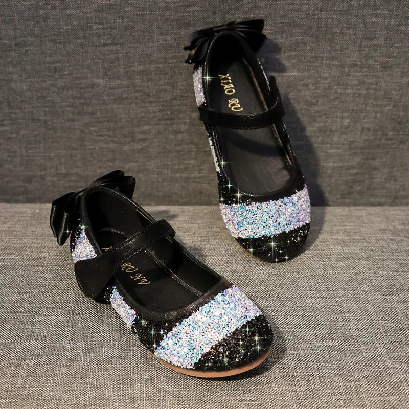 Girls' Leather Dress Shoes with Rainbow Sequins (Large)