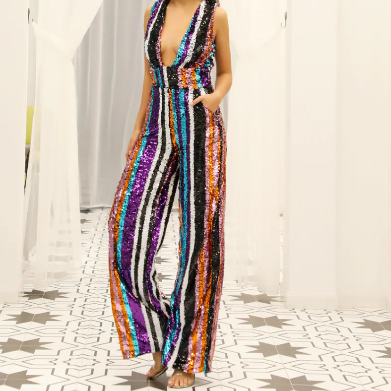 Sexy Deep V Striped Sequin Backless Jumpsuit