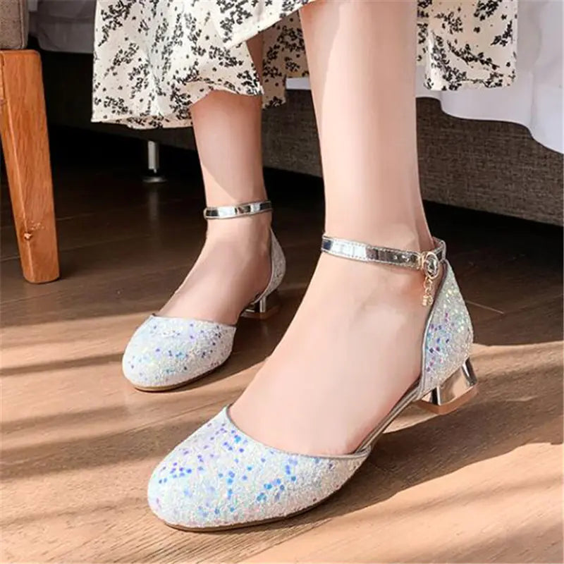 Girls' Black Leather Crystal High Heels Dress Shoes