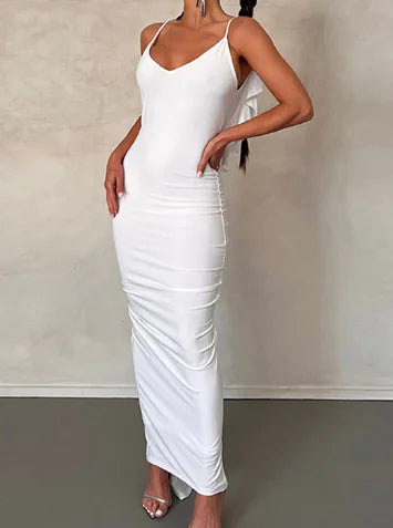 Ruffled Backless Bodycon Dress with V-Neck