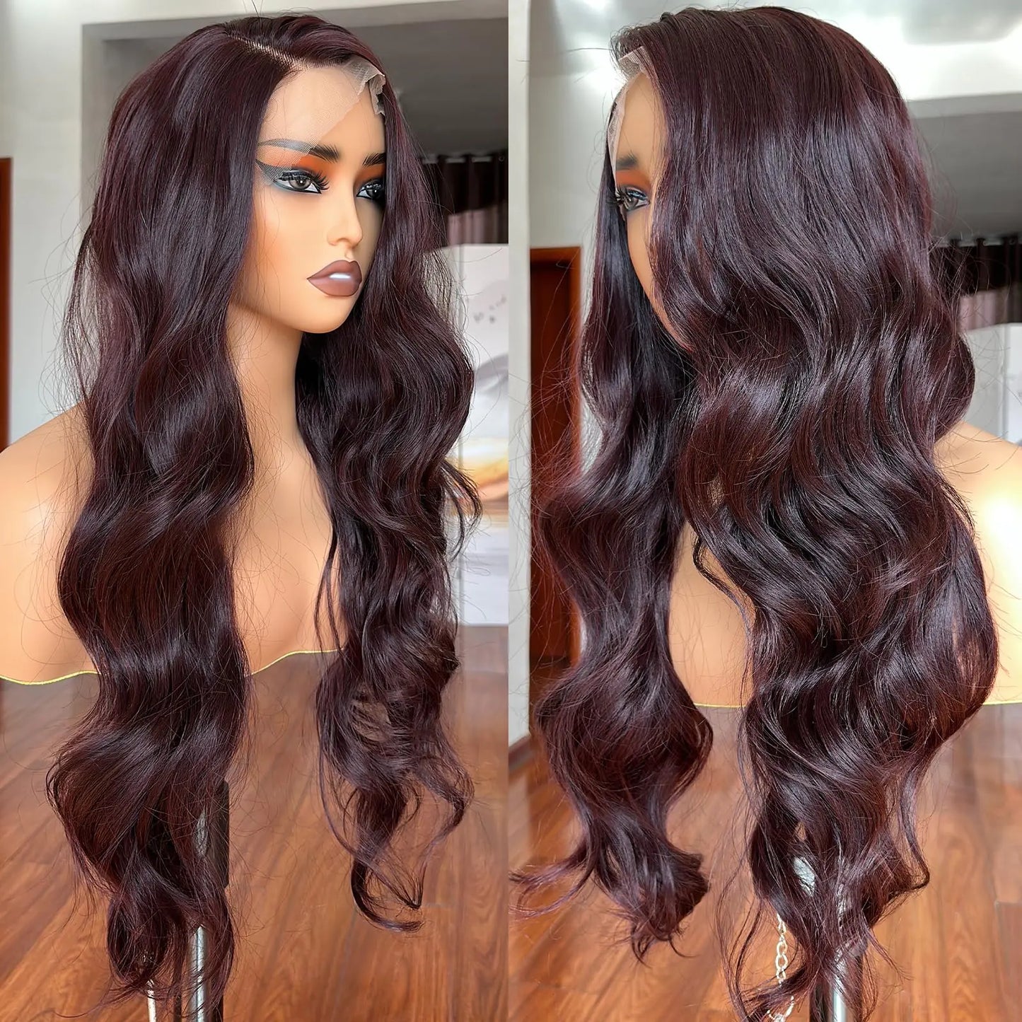 13x4 Lace Front Wig Dark Burgundy Body Wave 28 Inch Pre Plucked with Baby Hair Deep 99J Lace Frontal Wigs Melted Lace Hairline Dark Wine Maroon Tiny Knots Long Wavy Synthetic Lace Wig
