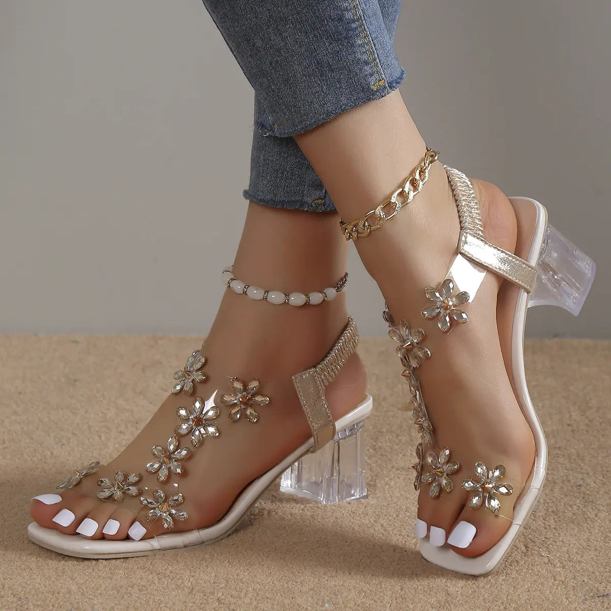 Summer Rhinestone Chunky Heel Sandals for Women