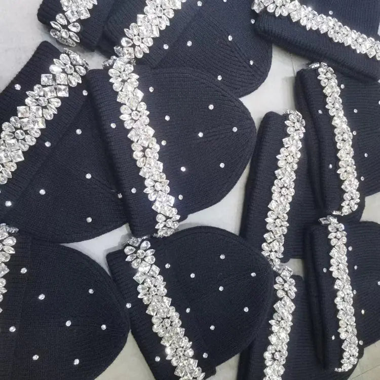 Japanese Style Hand-Stitched Rhinestone Knit Beanie