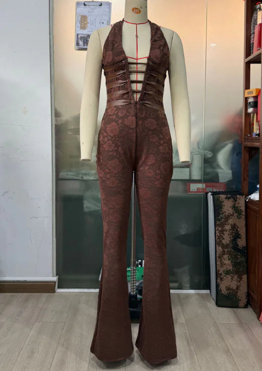 See-Through Lace-Up Slim Fit Jumpsuit