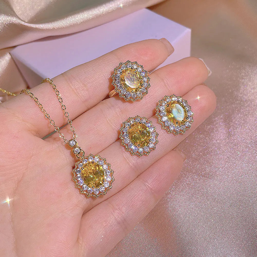 Yellow Diamond Inlaid Jewelry Set: Rings, Pendants, Earrings
