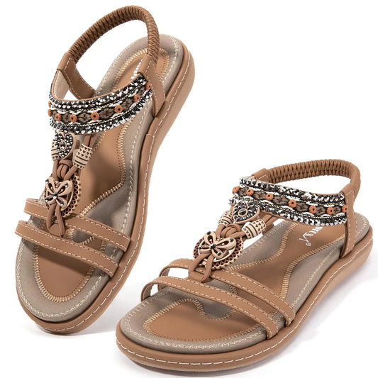 Womens Sandals Bohemia Beaded Summer Comfortable Slip-on Flat Sandals Open Toe Ankle Elastic Strap Beach Shoes Sandals Flops Dressy Wedge Sandals