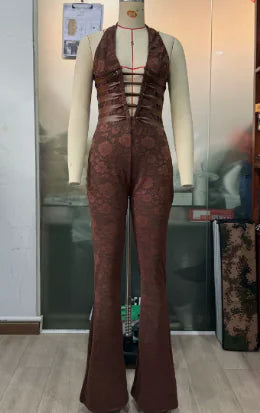 See-Through Lace-Up Slim Fit Jumpsuit