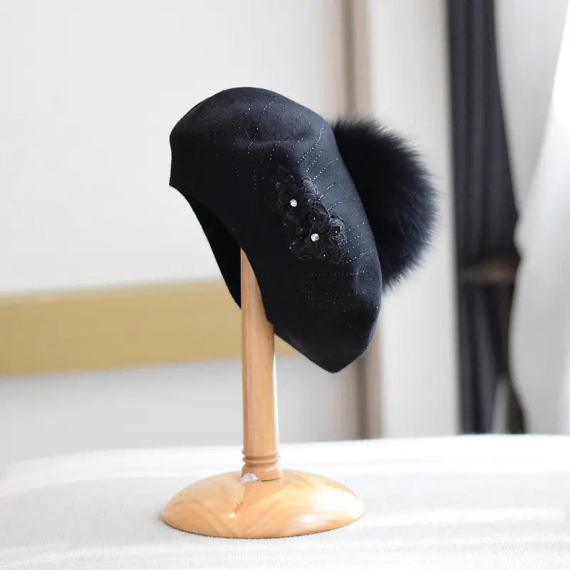 Double-Layer Rhinestone Flower Knitted Beret for Women
