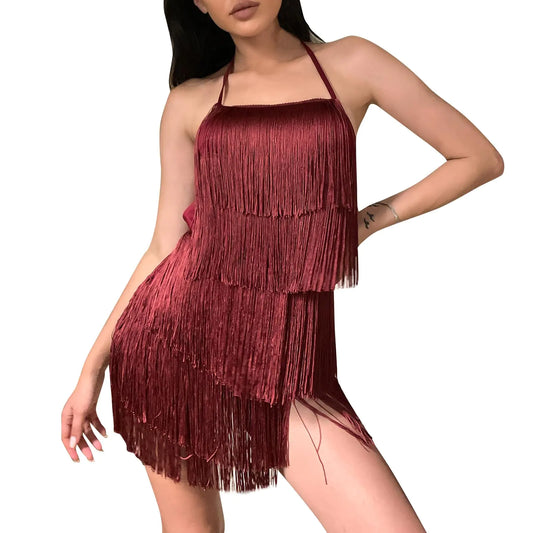 ABAFIP Womens Halter Backless Fringe Mini Dress Layered Tassel Cocktail Concert Rave Party Mini Dance Dress Wine Red X-Large