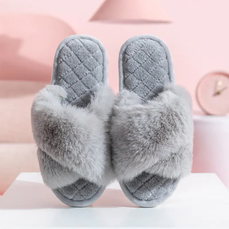 Furry Cross-Strap Slippers for Women - Plush Indoor Slides