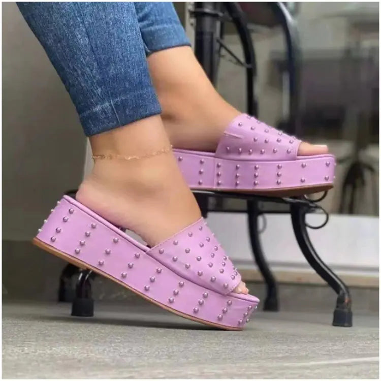 Women’s High Heel Rivet Peep-Toe Beach Slippers