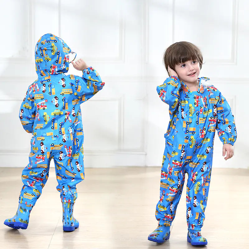 Kids Waterproof Hooded Cartoon Jumpsuit Raincoat