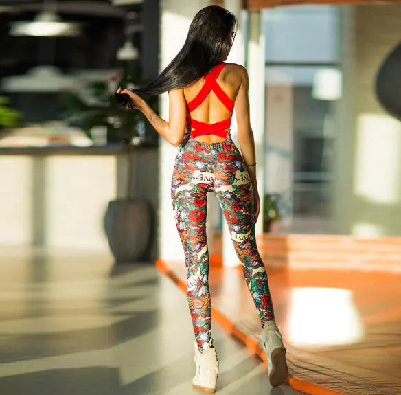 Printed Jumpsuit Yoga Set with Floral Design