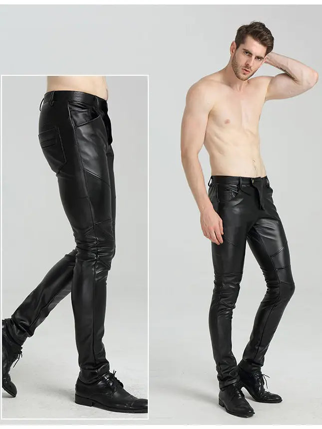 Men's Slim-Fit Spliced Leather Pants
