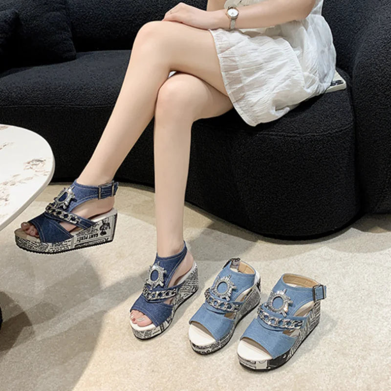 Women's Rhinestone Slingback Wedge Sandals for Outdoors