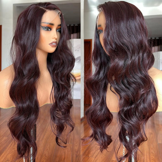13x4 Lace Front Wig Dark Burgundy Body Wave 28 Inch Pre Plucked with Baby Hair Deep 99J Lace Frontal Wigs Melted Lace Hairline Dark Wine Maroon Tiny Knots Long Wavy Synthetic Lace Wig