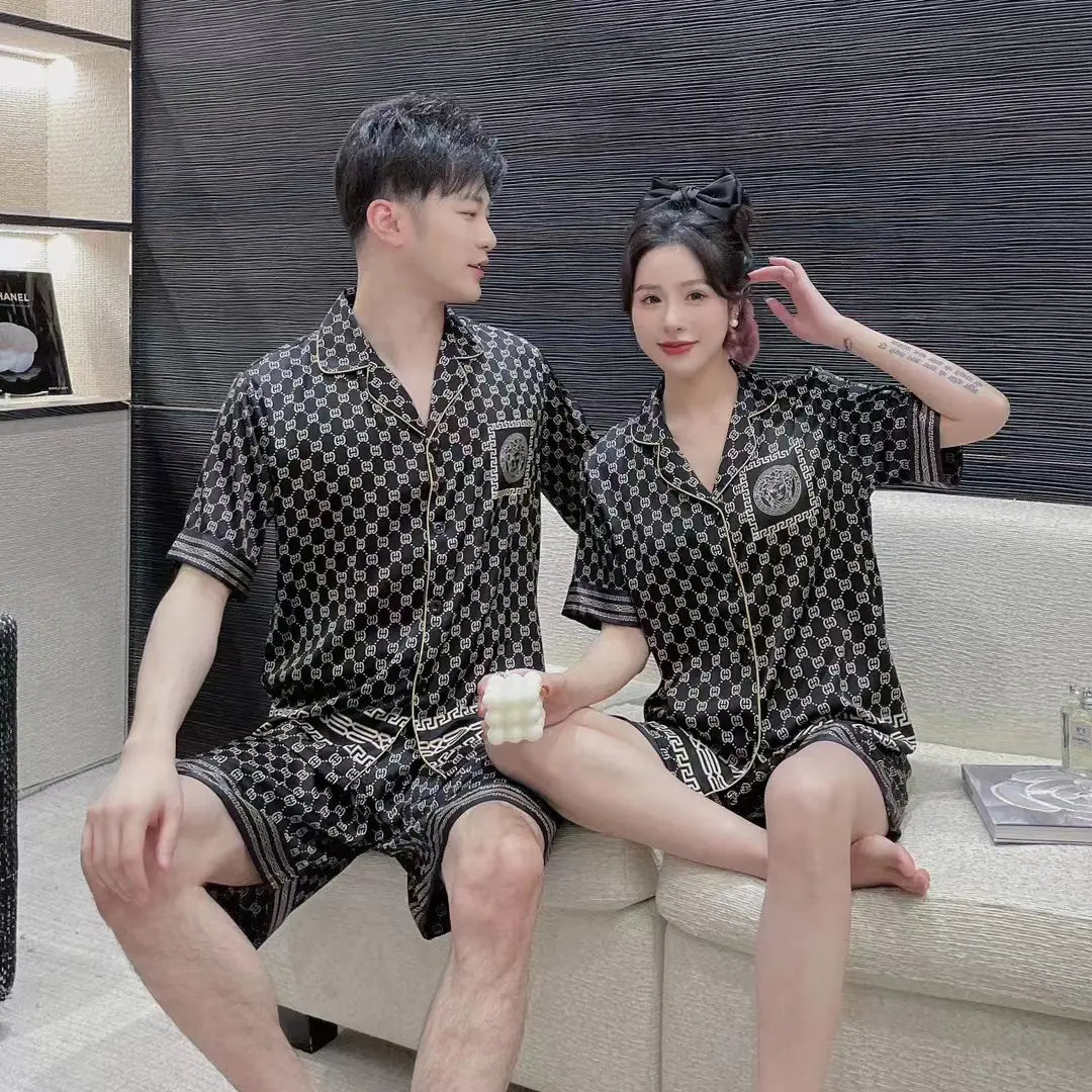 Summer Ice Silk Couple Pajamas Set - Short Sleeve & Shorts