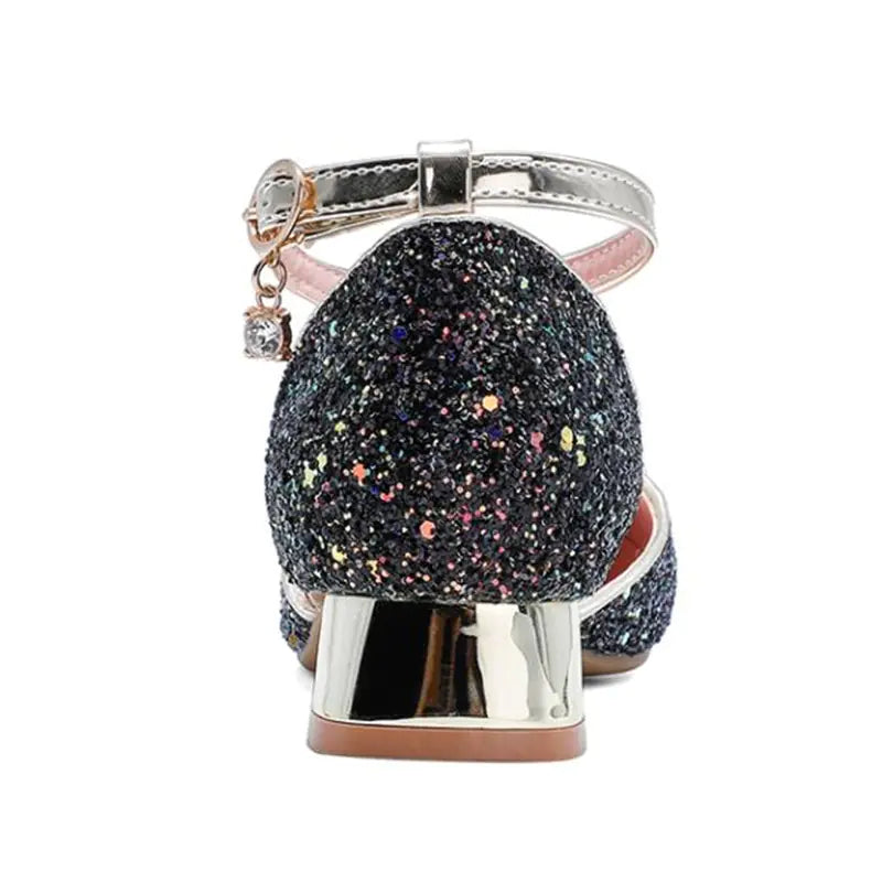 Girls' Black Leather Crystal High Heels Dress Shoes