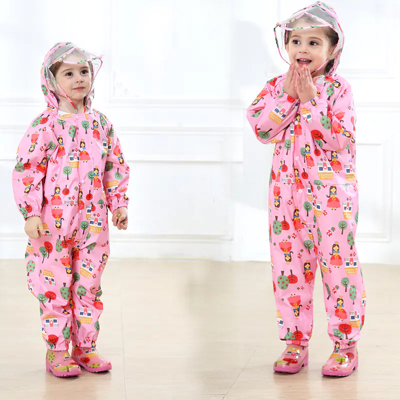 Kids Waterproof Hooded Cartoon Jumpsuit Raincoat