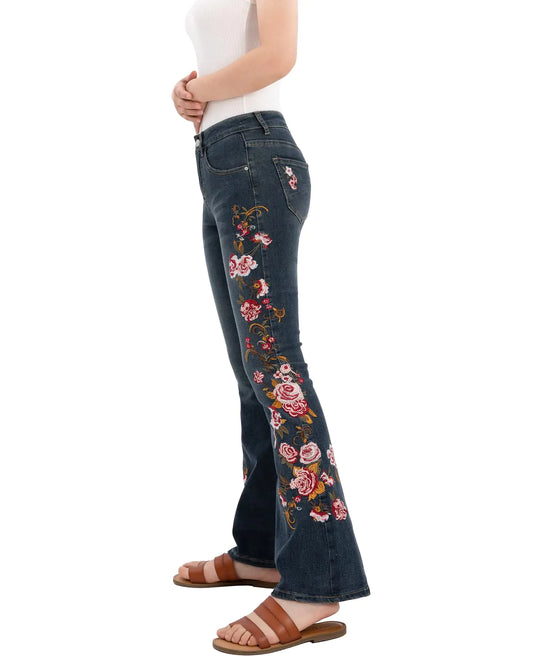 Womens Embroidered Floral Bell Bottom Flared Jeans for Women Mid High Waist Curvy Bootcut Wide Leg Jeans Smoky Blue 8