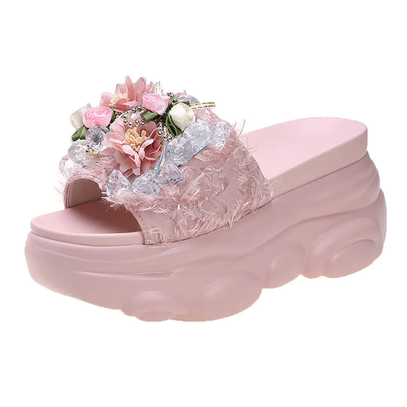 Cute Rhinestone Thick Bottom Flower Sandals for Women