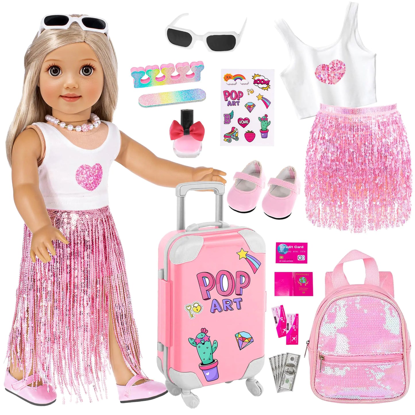 18 Inch Doll Clothes and Accessories-Fashion Fringe Dress with Travel Suitcase Backpack Manicure Playset Including Tassel Dress Set Suitcase Backpack Glasses Shoes Nail kit(No Doll)