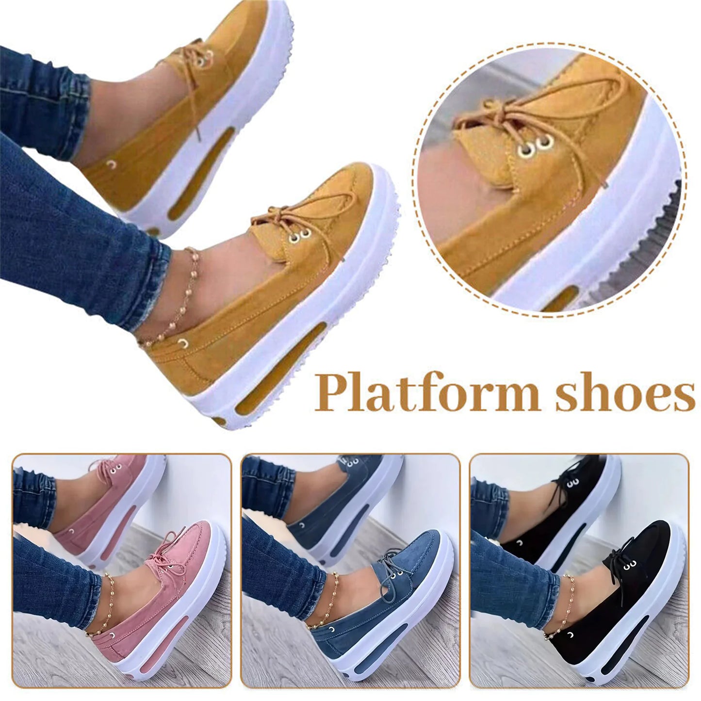 Women Block Shoes Slip On Closed Toe Platform Flat Wedge Casual Lace Up Sneakers