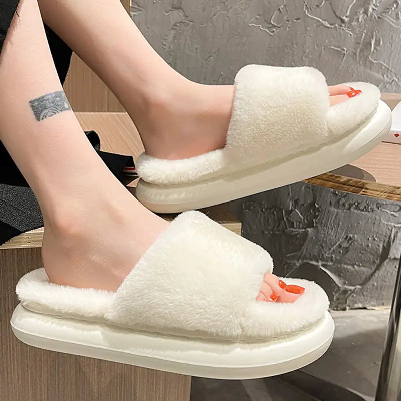 Furry Winter Slippers for Women - Non-Slip Indoor Shoes