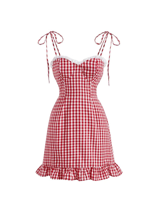 Womens Gingham Print Tie Shoulder Sleeveless Ruffle Hem Cami Dress Red and White Large