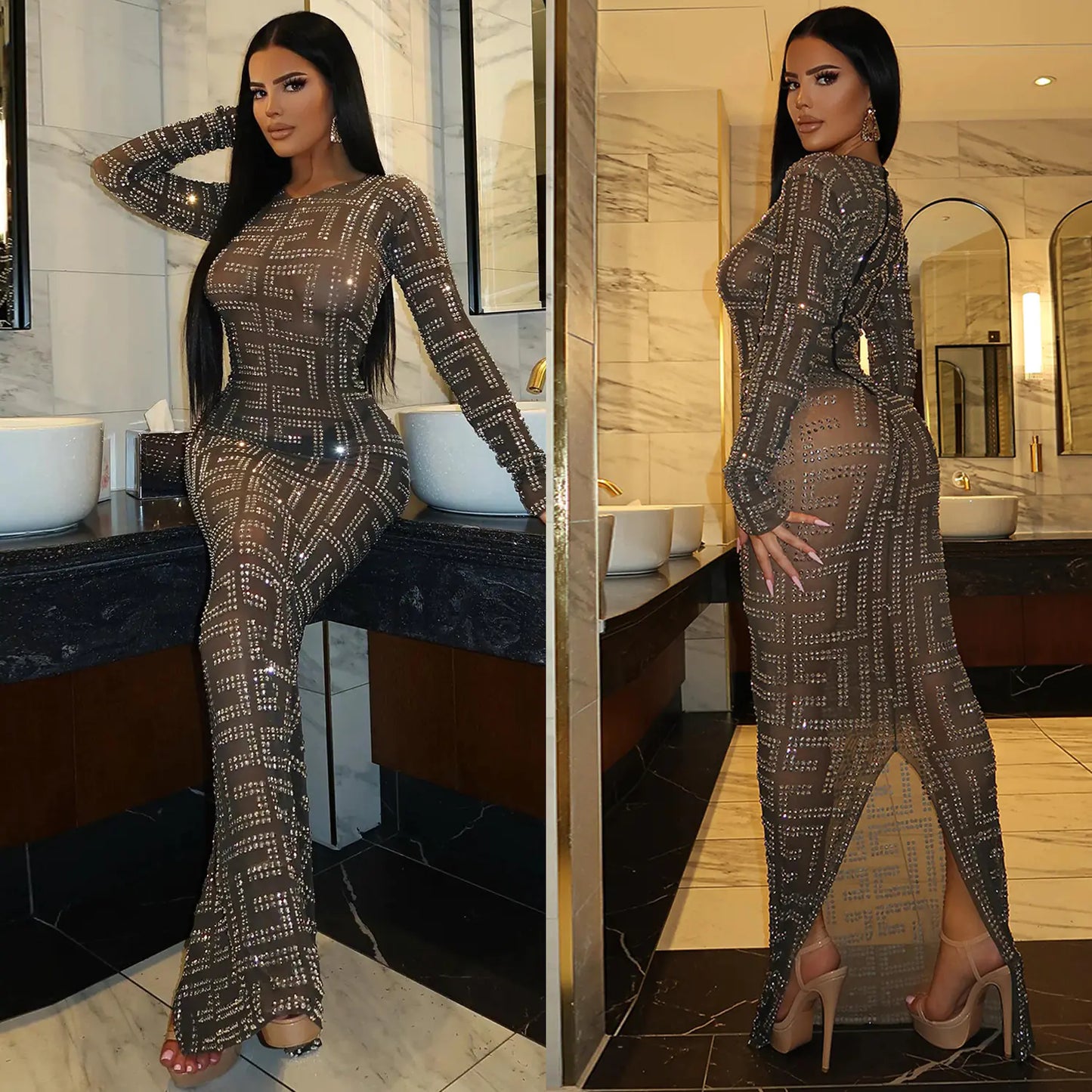 Women's Long-sleeved Dress with Rhinestone Mesh Detail