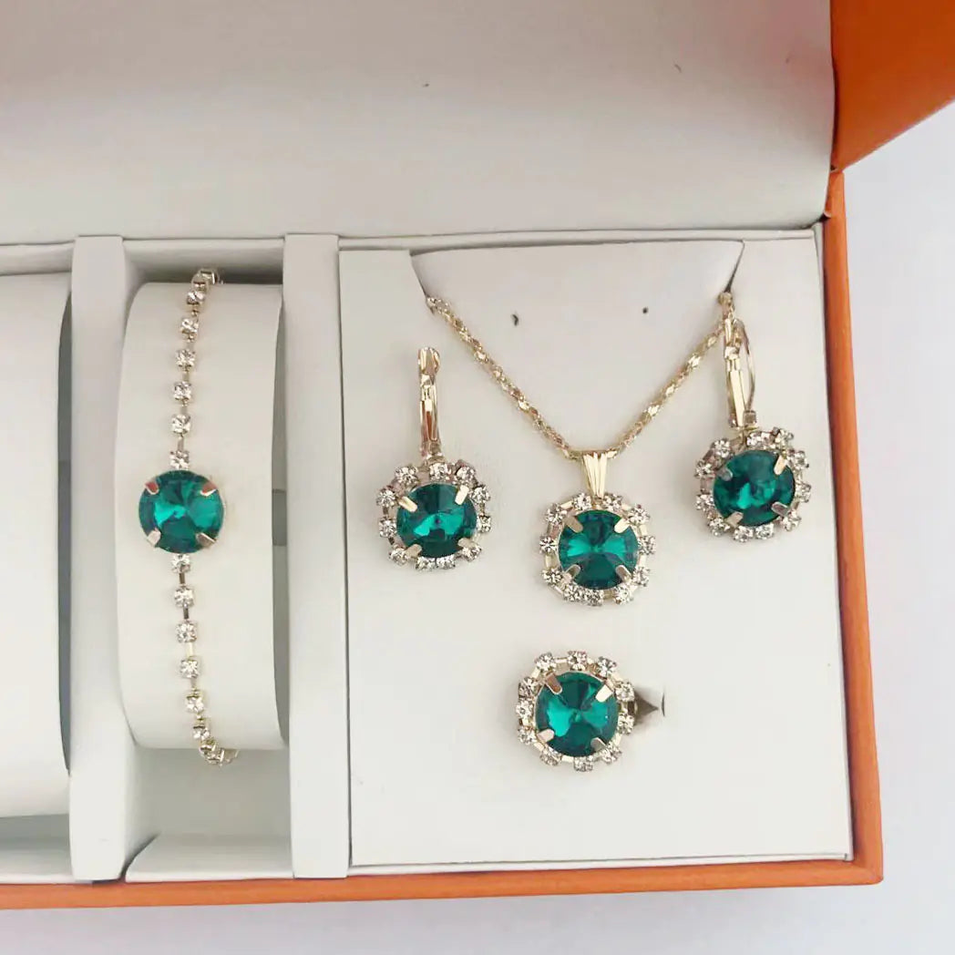 Fashion Crystal Jewelry Set: Necklace, Earrings, Rings, Bracelet