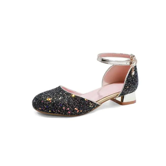 Girls' Black Leather Crystal High Heels Dress Shoes